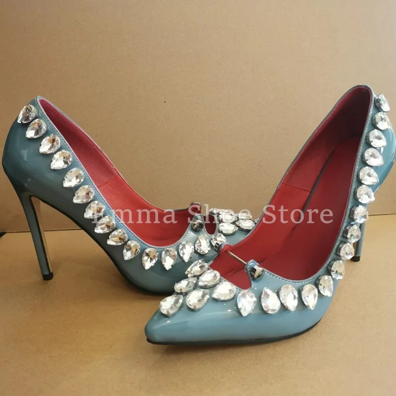 

Hot Sale Light Blue Crystal Diamond Stiletto Pumps ​women's Patent Leather Pointed Toe Elegant Sandals Metal Buckle Dress Shoes