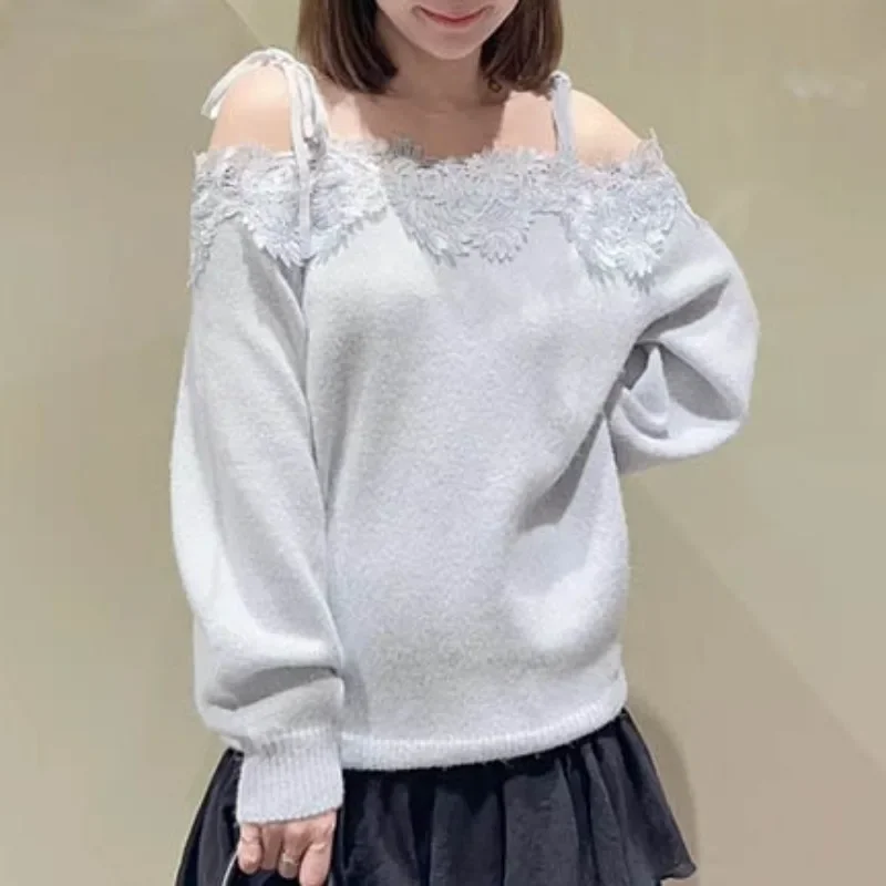 Bandage Off Shoulder Ropa Mujer 2024 Woman Sweater Spliced Lace Outerwears Autumn Sweet New Clothes Women Japan Loose Roupas