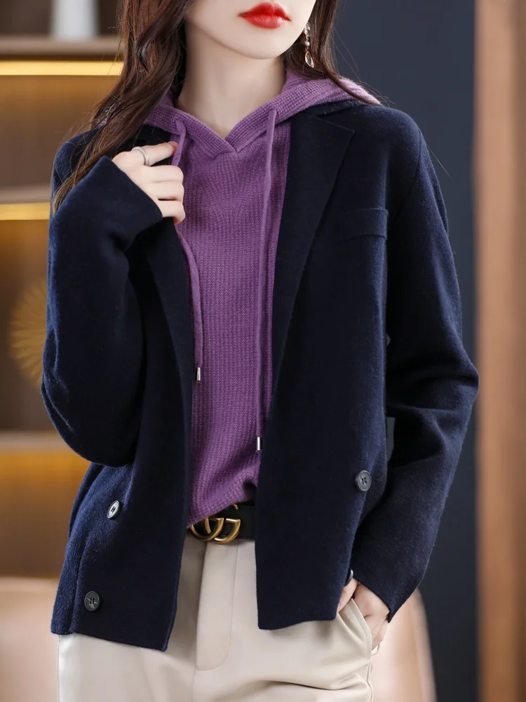 Spring New Cashmere Knitted Cardigan Women's Suit Collar Korean Version Loose Versatile Short Pure Wool Coat Top