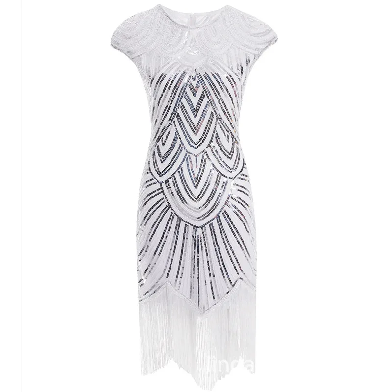 Abito da festa al ginocchio con frange e paillettes vintage 1920 con maniche corte