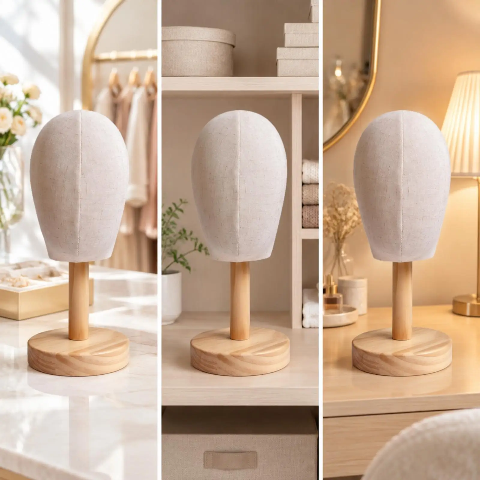 Hat Display with Wooden Base Natural Wood Cloth-coveredCovered Head Form Stand Freestanding Hat Display Professional
