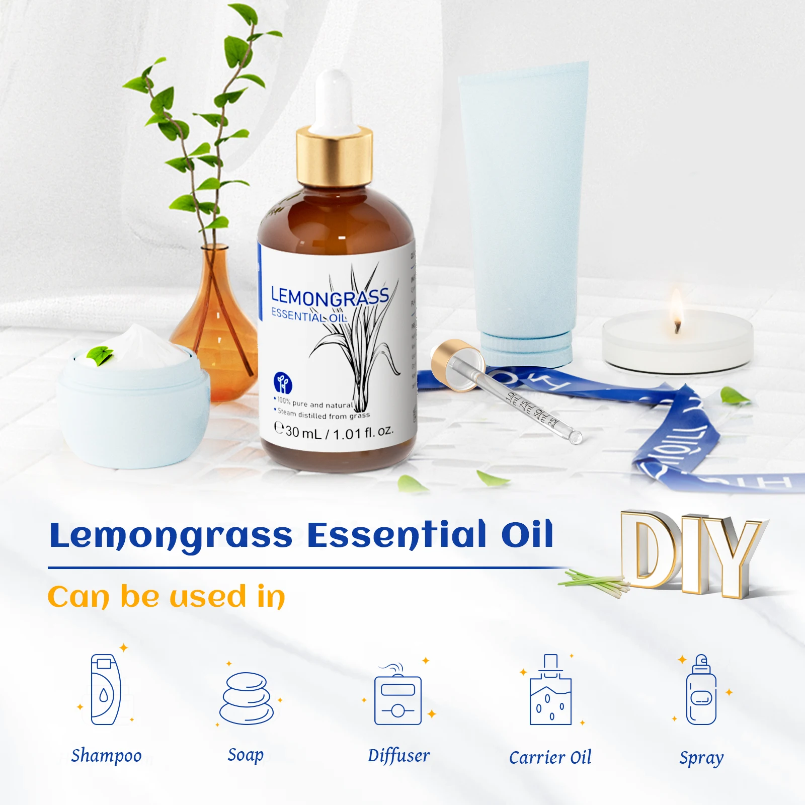 HIQILI 30ML Essential Oil, 100% Natural Extraction, Lavender/Mint/Vanilla/Lemon/Jasmine/Cinnamon/Tea Tree/Patchouli, Furniture Fragrance, Humidifier/Diffuser, DIY Candle, Car Fragrance