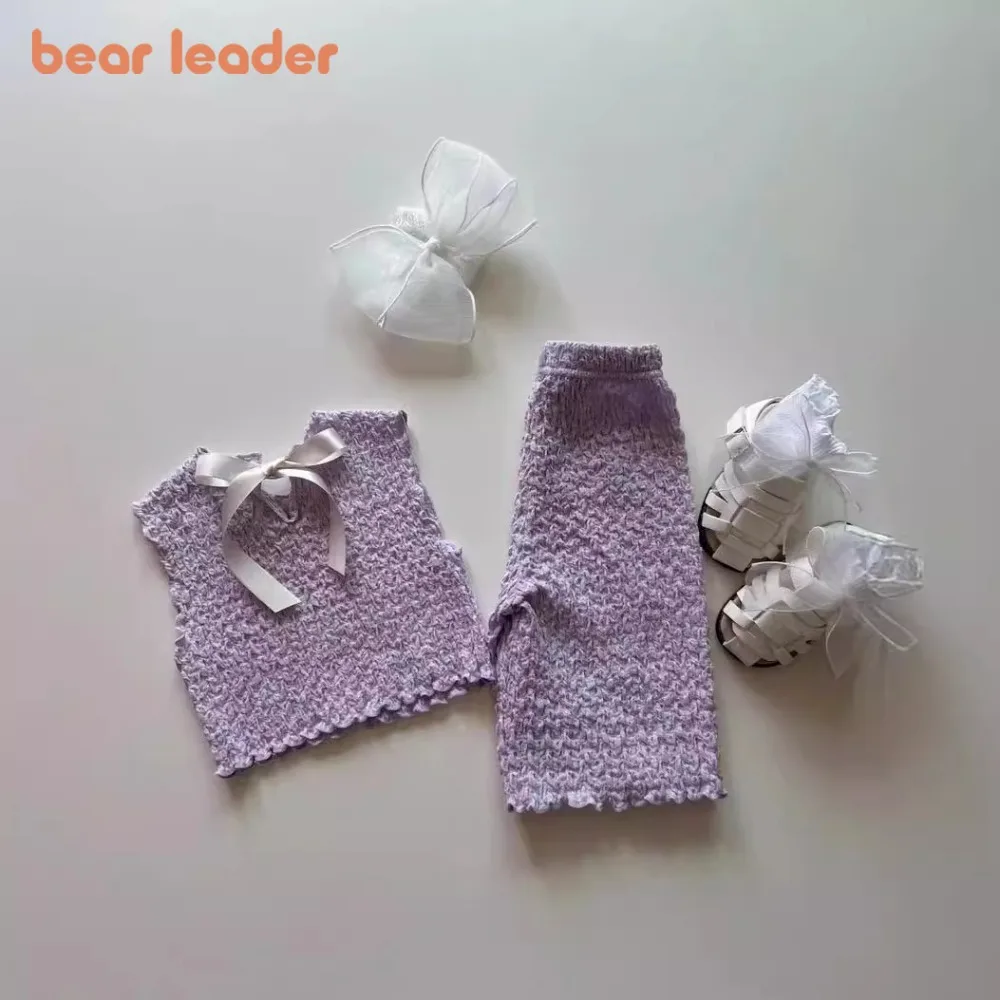 

Корейская версия Bear Leader, однотонная одежда для девочек, летний топ без рукавов с бантом и украшением, капри, брюки, повседневные детские комплекты