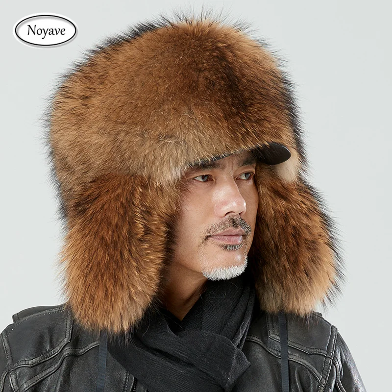 Luxury Fur Hats for Men\'s Lei Feng Cap Aviator Bombr Warm Cap Man Aki Hats 100% Fox/Raccoon Fur Hat Caps Real Leather