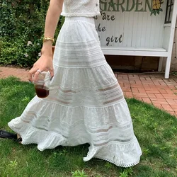 Embroidery Eyelet Cut-out Maxi Skirt White Cotton Semi Sheer Flowy Long Skirt Women Boho Summer Vacation Fairycore Outfit