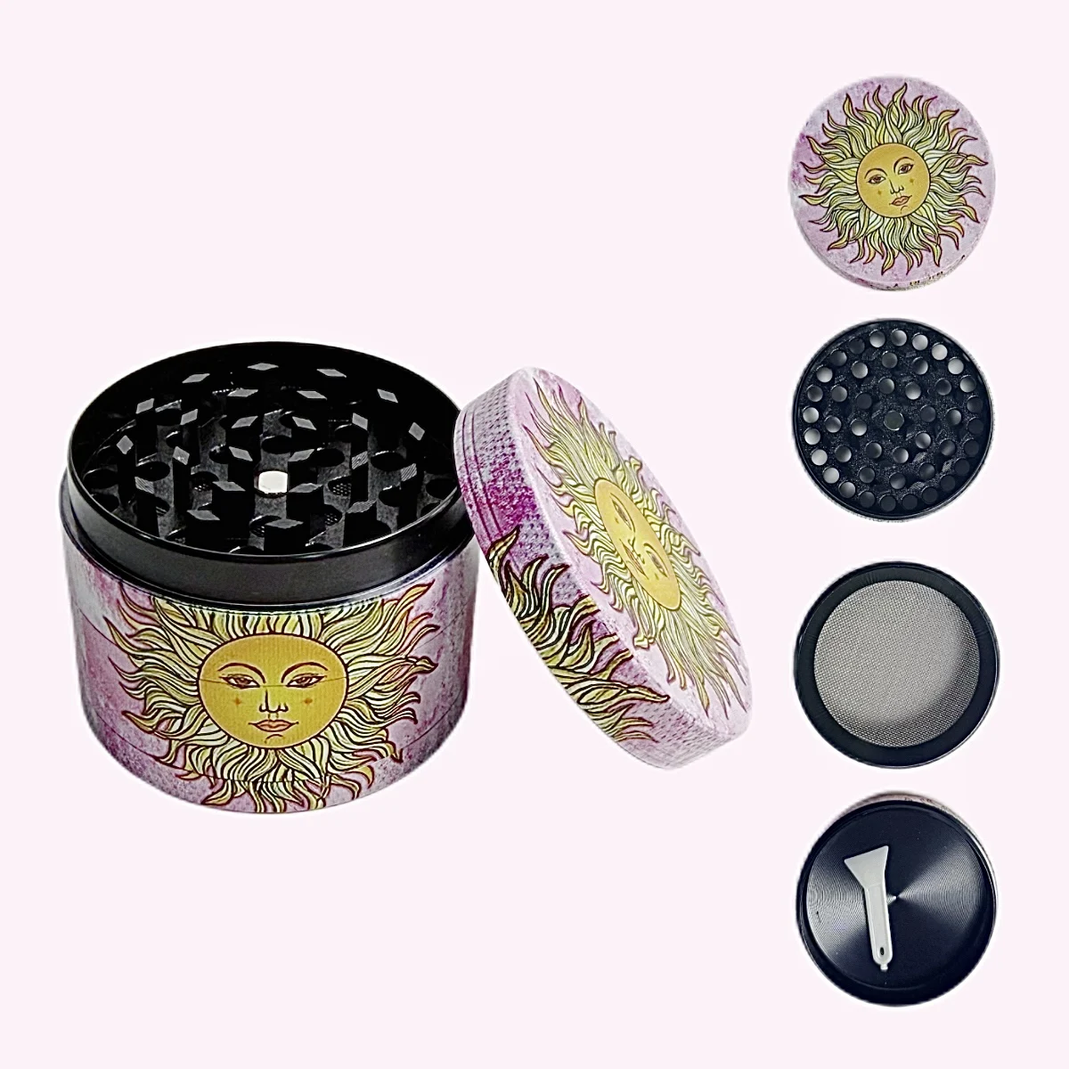 

2-дюймовая (5 см) золотая 4-слойная мельница для трав с изображением солнца, из цинкового сплава, ручная, для измельчения сырой травы, инструмент для курения, подарок