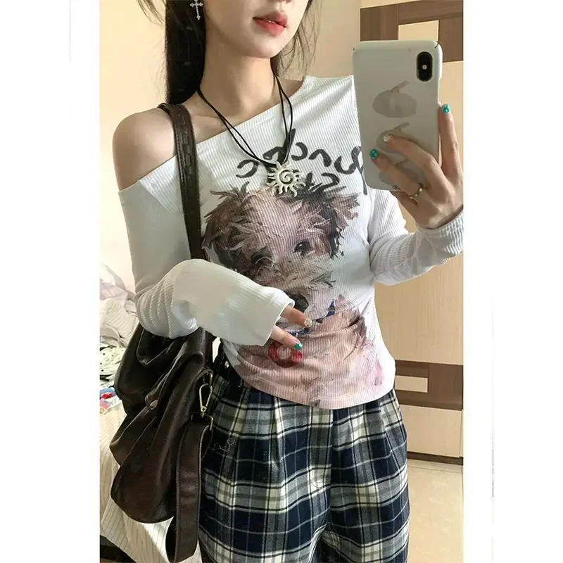 ADAgirl Kawaii Dog Oil Painting T-shirts for Women Slash Neck Graphic Tee Shirts Cotton Long Sleeve Cutecore Aesthetic Clothes