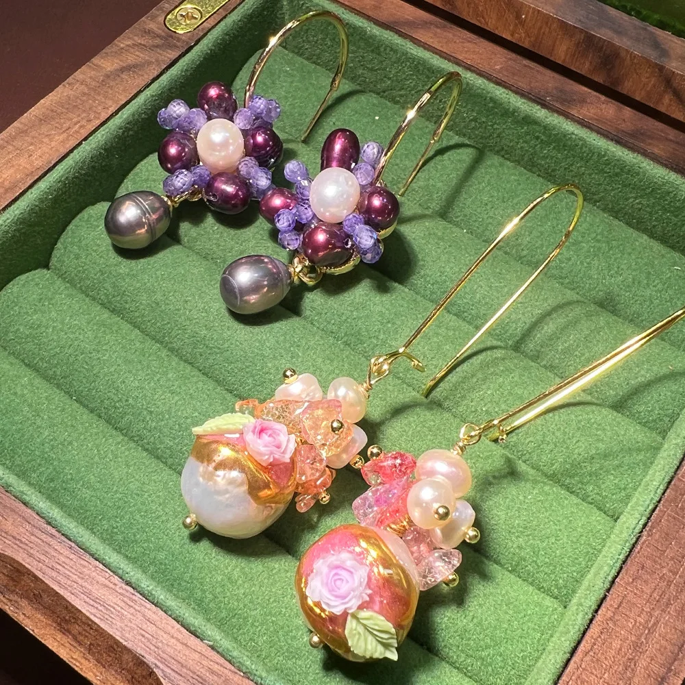 Original natural baroque enamel handmade earrings, exquisite light luxury high-end cross-border hot-selling pearl earrings