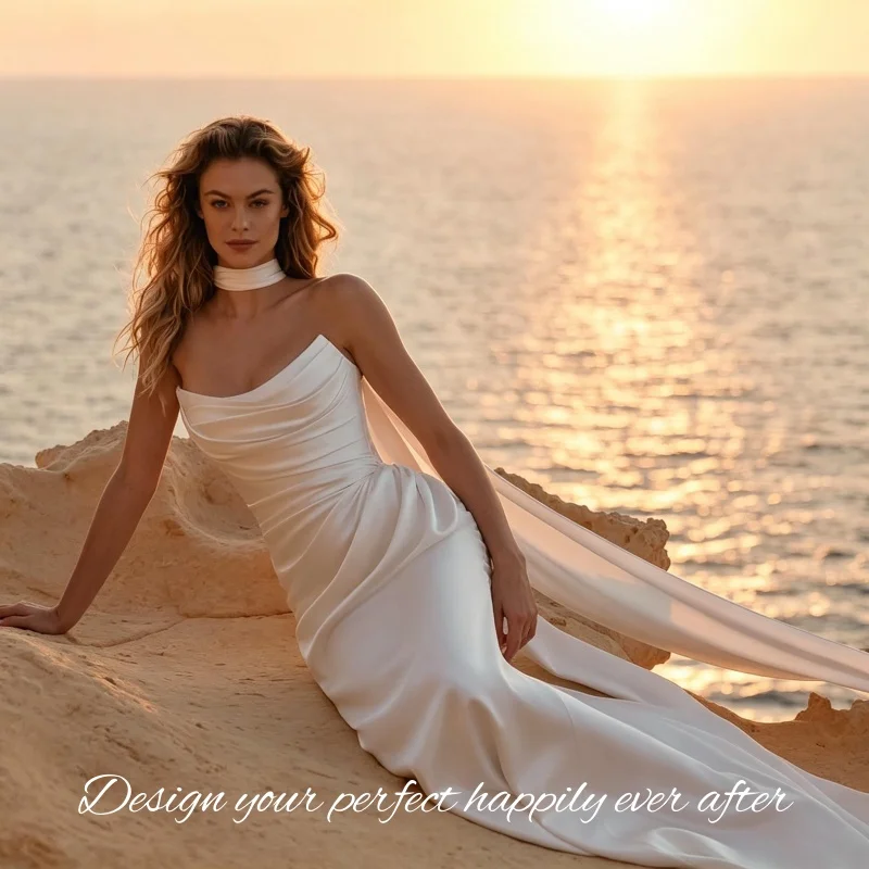Satin Mermaid Beach Wedding Gown Draped Strapless Open Back Chapel Train Vestidos De Novia Customized