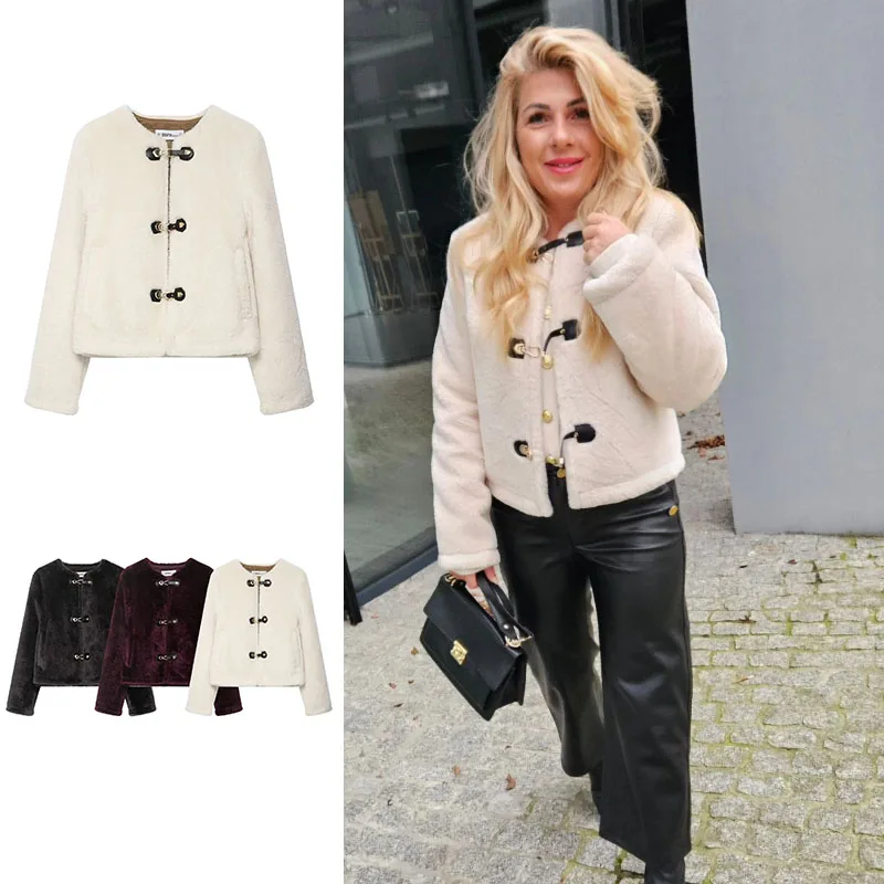 معطف فرو شتوي أنيق للسيدات باللون البيج الصلب وأكمام طويلة مع مشبك على شكل قرن سترات فضفاضة للسيدات ملابس خارجية كلاسيكية غير رسمية عالية الشارع