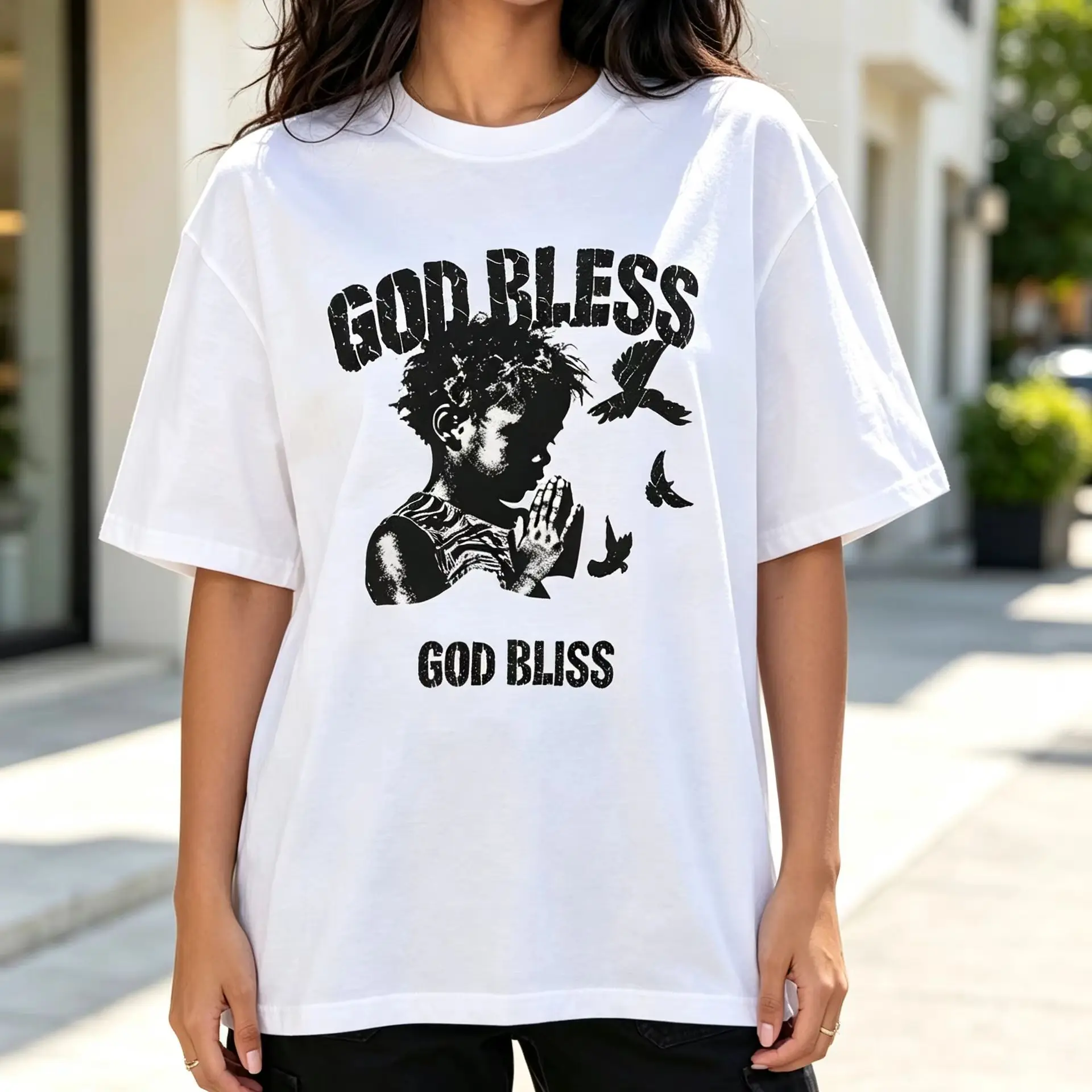 Women Retro Distressed God Bless Praying Kid Dove Graphic T Shirt Vintage Inspirational Short Sleeve Casual Street Tees