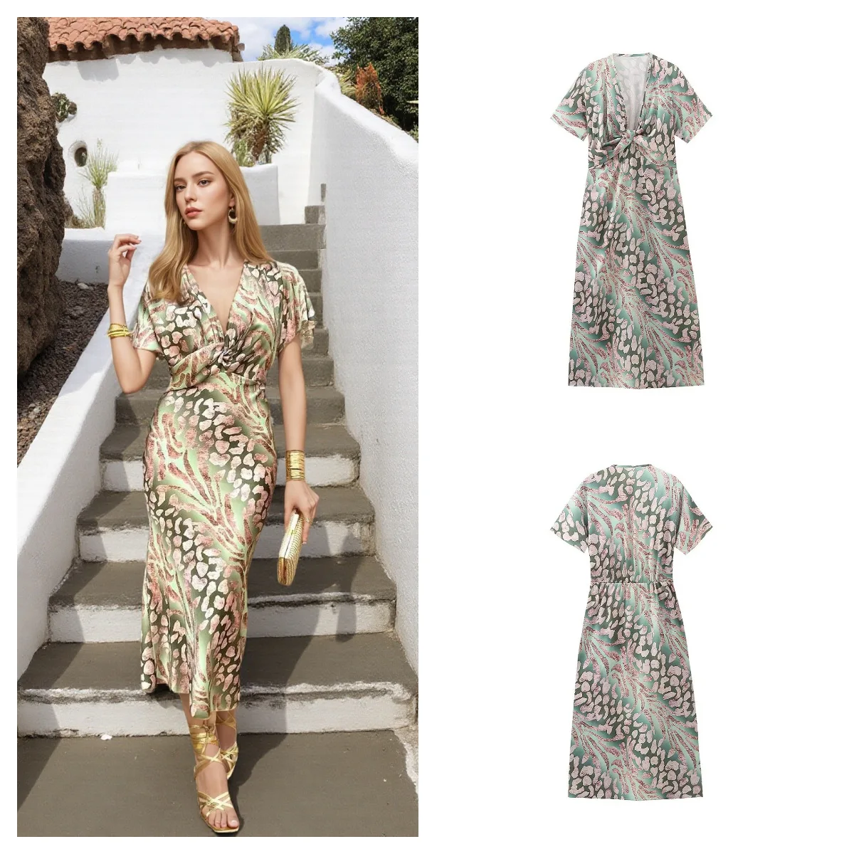 

2025 Bohemian Women's Long Dress Print V Neck Tight Bandage Slim Elegant Dress Women's Fashion Leopard Print Sexy Dress Women