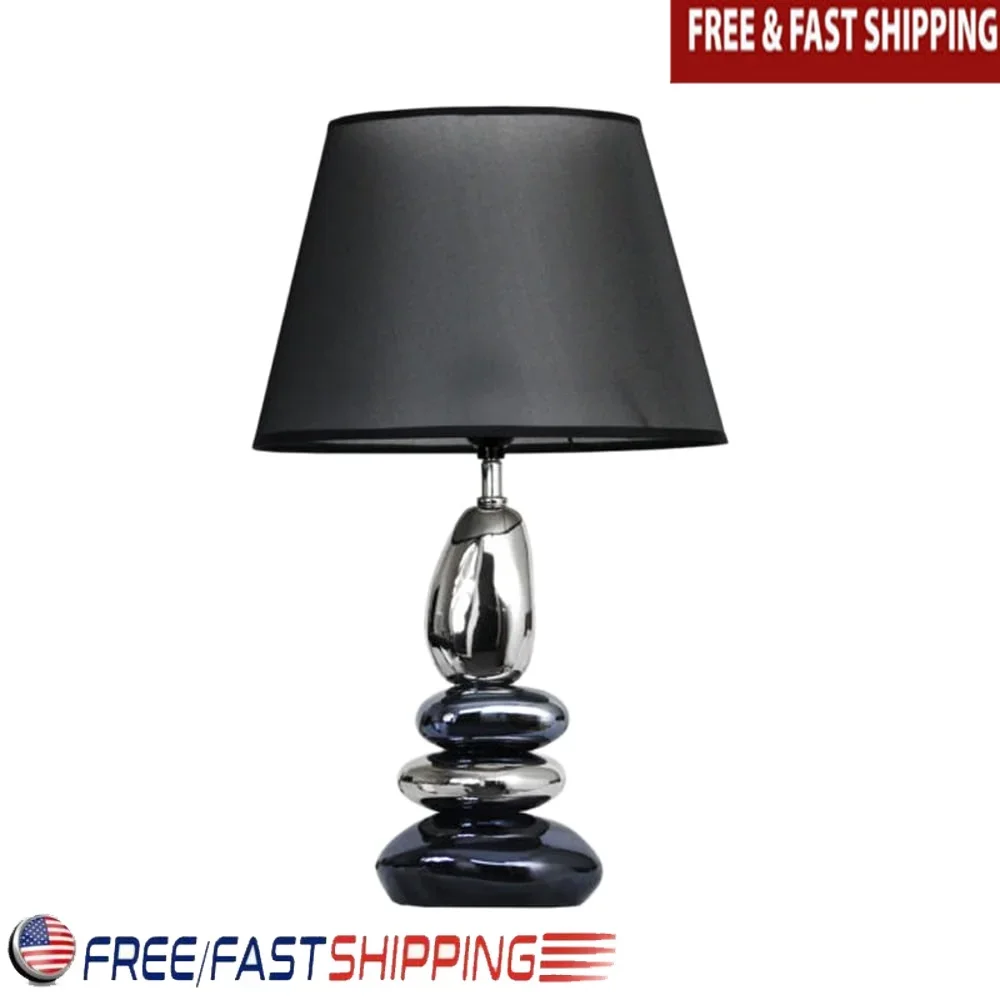 

Contemporary Stacked Stone Table Lamp with Black Fabric Shade Ideal Bedroom Living Room Office Kids Dorm Room Decor