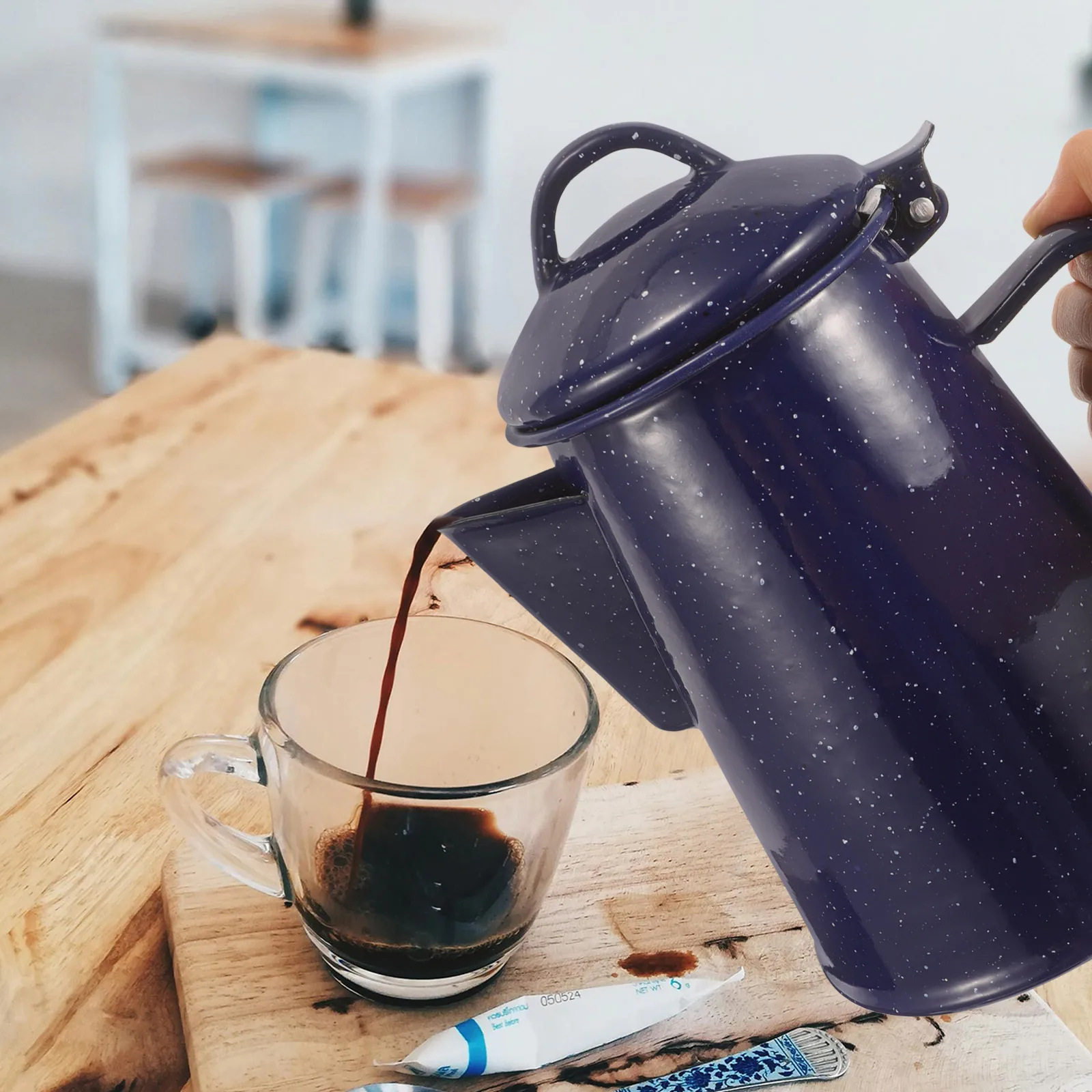

Enamel Coffee Pot 1 2L Blue Speckle Sturdy Humanized Handle Pointed Spout Smooth Kitchen Sauce Pot Tea Kettle Daily Use
