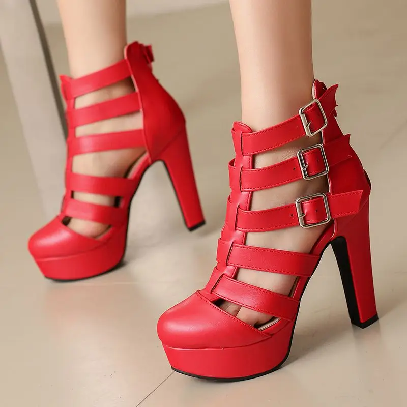 REAVE CAT Luxury Female Sandals Round Toe Chunky Heels 12cm Platform 3.5cm Zipper Belt Buckles Plus Size 48 49 50 Dating Shoes view 3