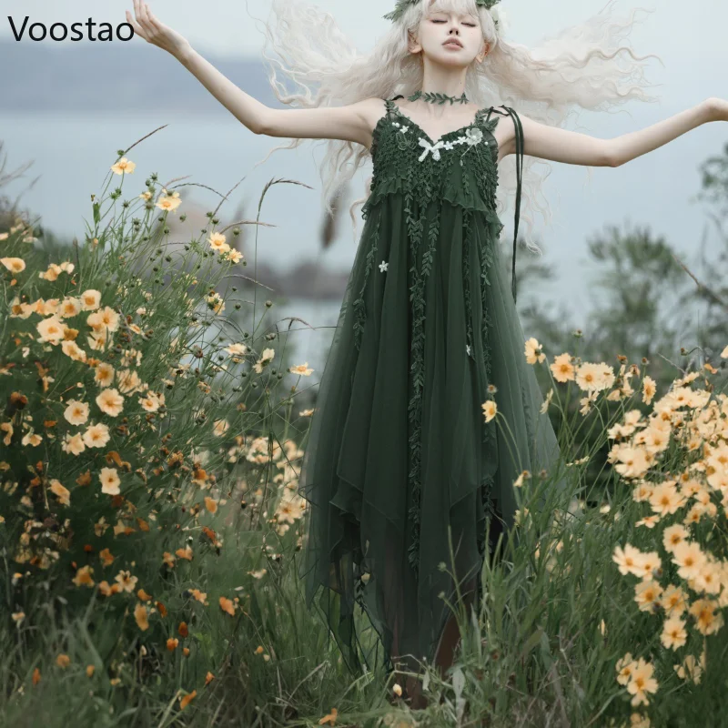 Mori Girl Sweet Lolita Princess Dress Women Sweet Green Butterfly Embroidery Cane Vine Design Party Midi Dresses Elegant Vestido