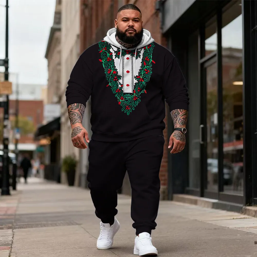 

S-9xl plus size Men's Casual Hoodie Set with Christmas Accents & Plaid Textures - 2-Piece Warm Outfit, High-Quality Fabric,