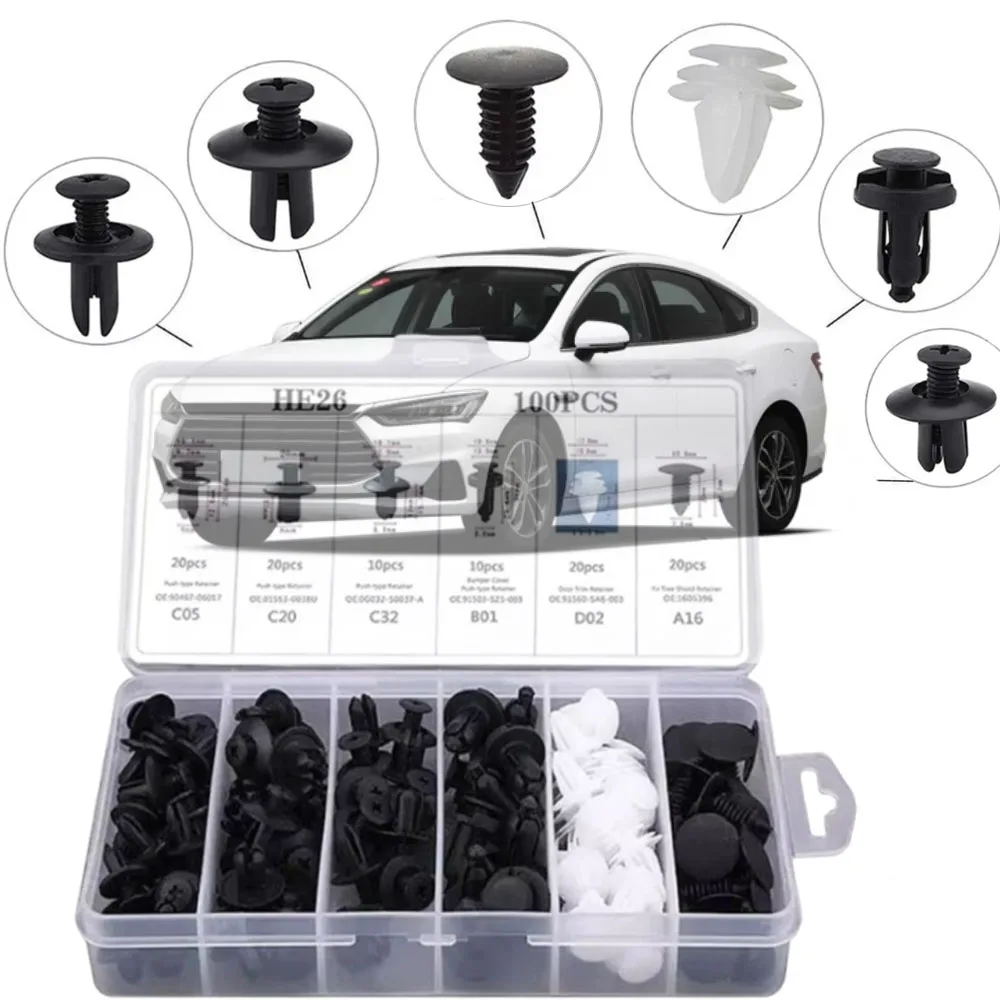 Auto Fastener Clip Mixed Kit 100pcs Set Car Body Push Retainer Pin Rivet Bumper Door Trim Panel Fastener Fender Rivet Clips Car