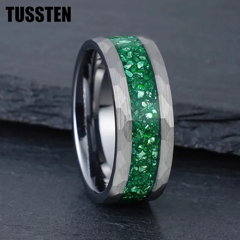 Tussten 8mm masculino feminino moda noivado casamento banda cristal pedra incrustação martelado preto anel de carboneto de tungstênio ajuste confortável