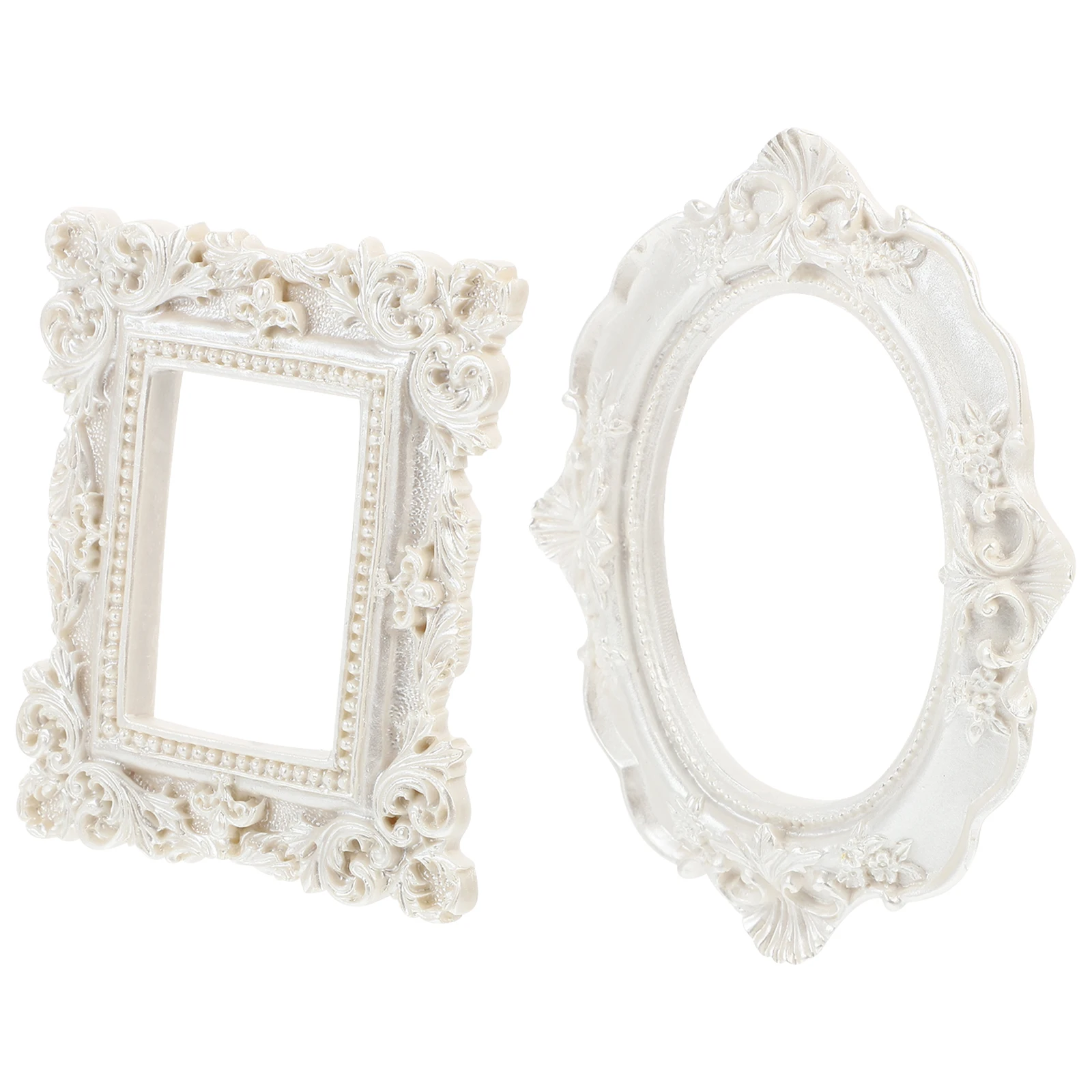 

2 Retro Photo Frame Props Pearl White Oval Square Resin Vintage Mini Frames for Home Coffee Shop Photo Booth Decor