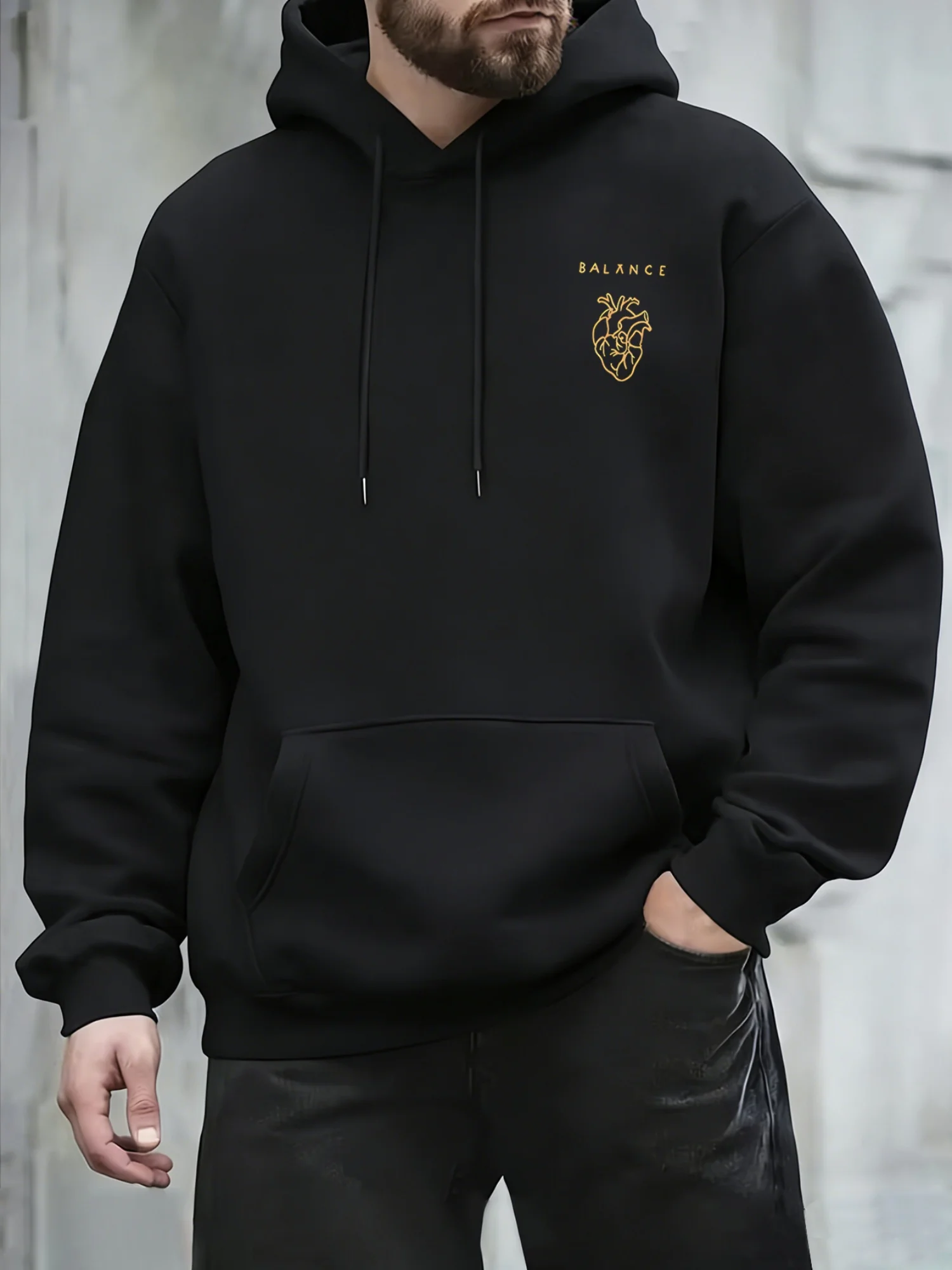Men's hooded sweatshirts for autumn and winter, abstract minimalist style, gold thread print, everyday warmth, sporty, Y2K trend