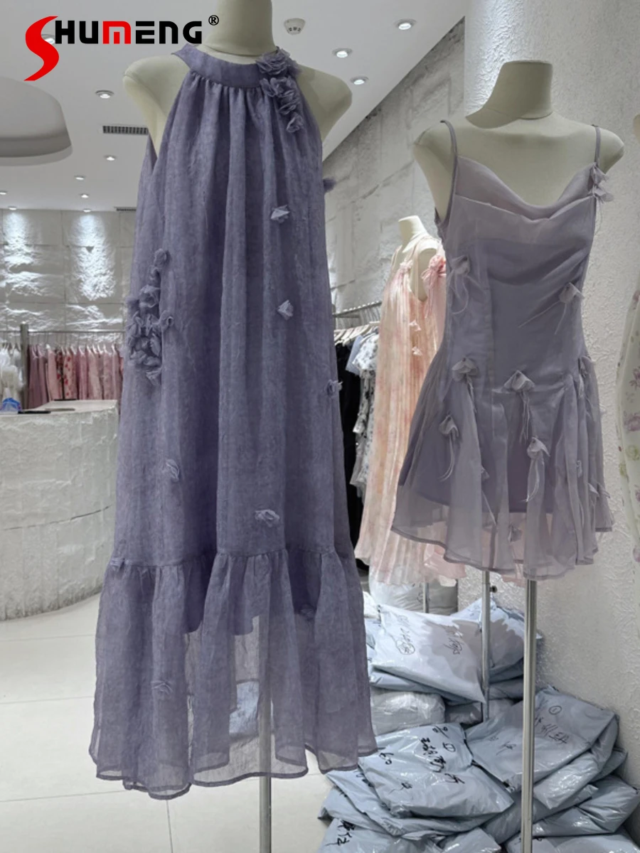 

2024 Women's Summer Flower Atmosphere Romantic Dresses Purple Sleeveless Round Neck Elegant Dress Feminine Nice Long Dresses