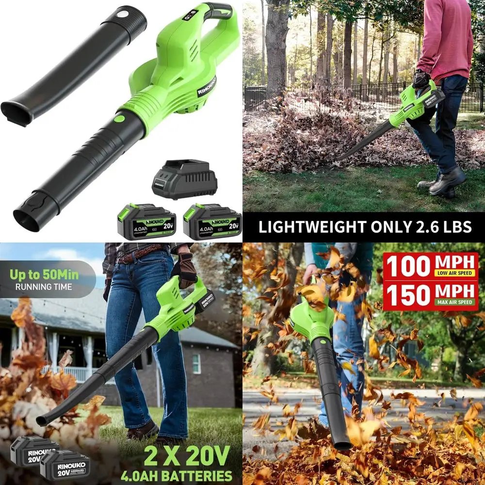 

Аккумуляторная воздуходувка для листьев 20 В с аккумулятором 8000 мАч, 2 скорости, 150 миль в час для очистки газонов и снега