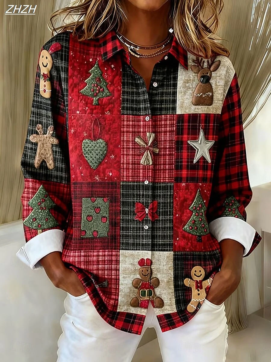 เสื้อเชิ้ตผู้หญิงลายกราฟิกลายสก๊อตเกล็ดหิมะสไตล์วินเทจหรูหรา แขนยาว คอปก ทรงปกติ เหมาะสำหรับใส่ในชีวิตประจำวันและวันหยุด