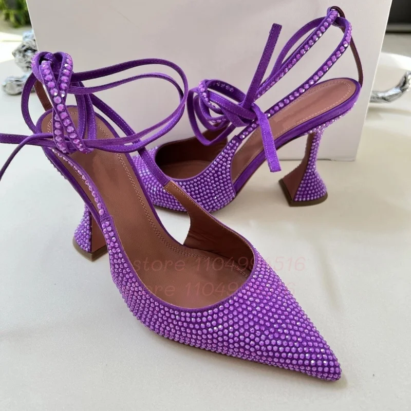 

Purple Shiny Rhinestone Pointed Toe High Heels Women Cross-Tied Strange Style Slingback Sandals Lady Sexy Party Wedding Shoes