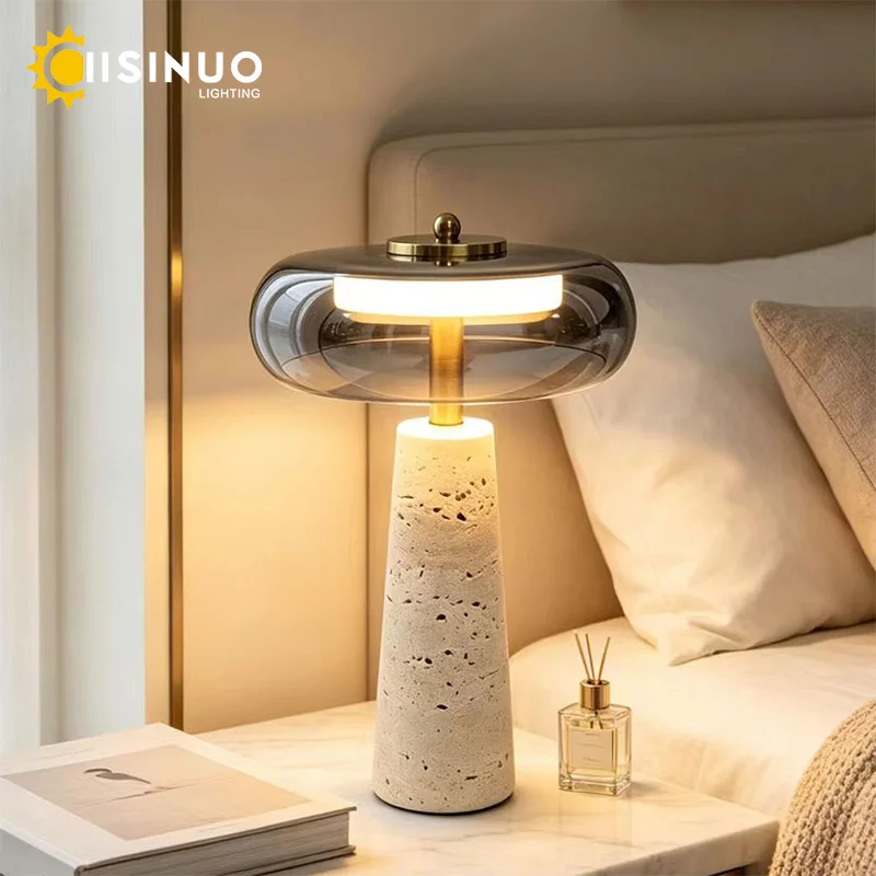 Wabi Sabi Travertine Table Lamp Smoke Gray Glass Mushroom Shade Touch Control LED 10W Natural Stone Bedside Lamp for Bedroom Liv