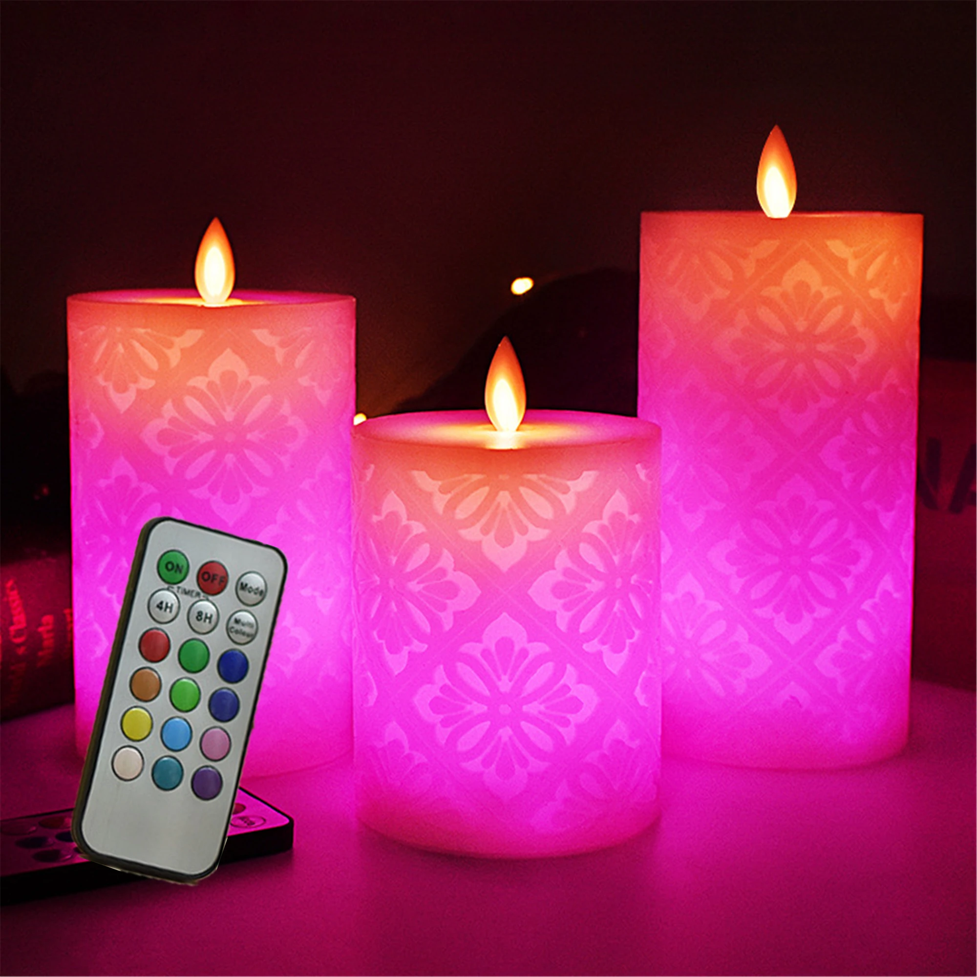 

Pattern Flameless pillar Candle with flat edge diameter 3.15"-Electric Flickering led candle with romote timer-real wax Led Batt