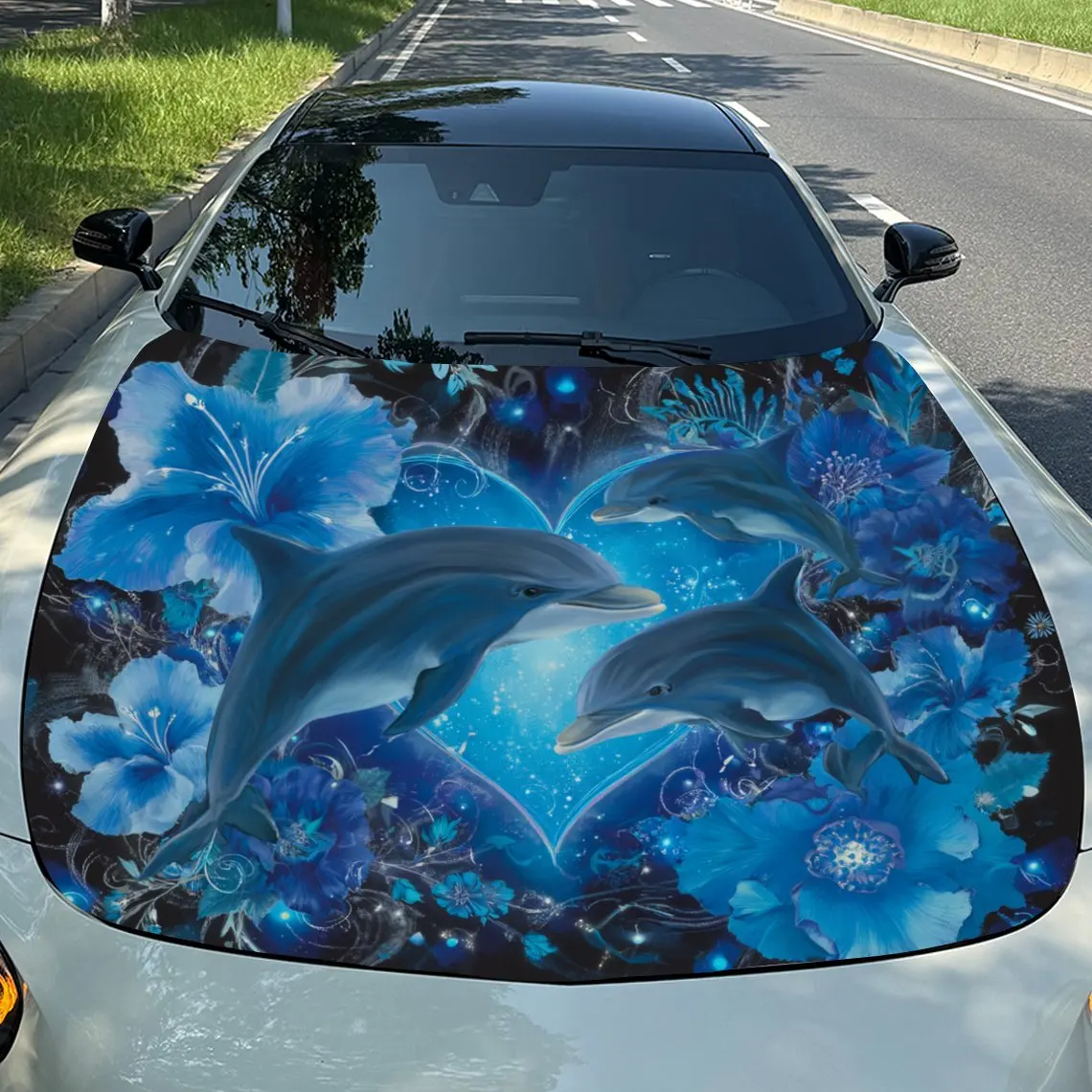 Blue Flower Fantasy Dolphins Heart Journey Car Vinyl Wrap, PVC Material Waterproof Car Hood Sticker, Self-Adhesive Scratch-Resis