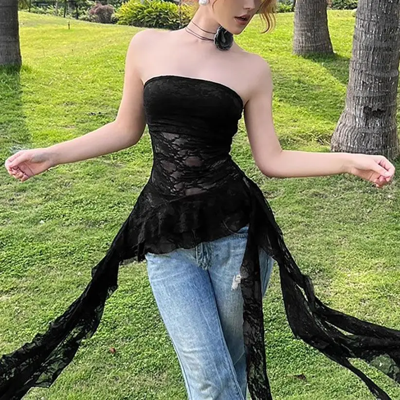 الحلو مثير غير النظامية غير المتماثلة سليم تانك القمم Y2k Harajuku الدانتيل تي شيرت المرأة أسود أبيض القمم كشكش لطيف مشد الأعلى العصرية جديد #5