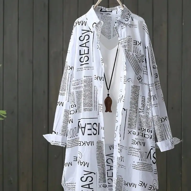 

Женская корейская рубашка с буквенным принтом больших размеров - повседневный топ с длинными рукавами большого размера, уникальная рубашка-туника с графическим рисунком, Новое поступление