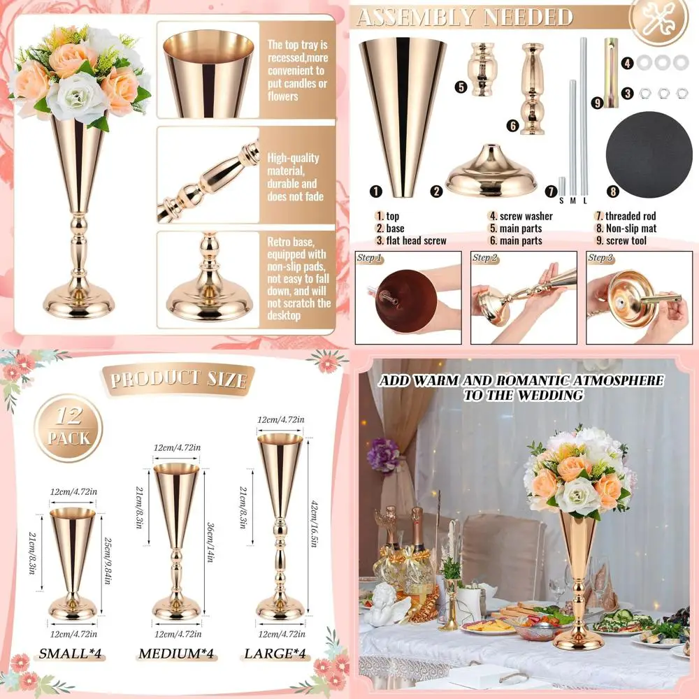 

Gold Vase Flower Arrangements, Set of 12, 16.5-14-10 Inch Metal Trumpet Vases for Wedding, Anniversary, Party Decor