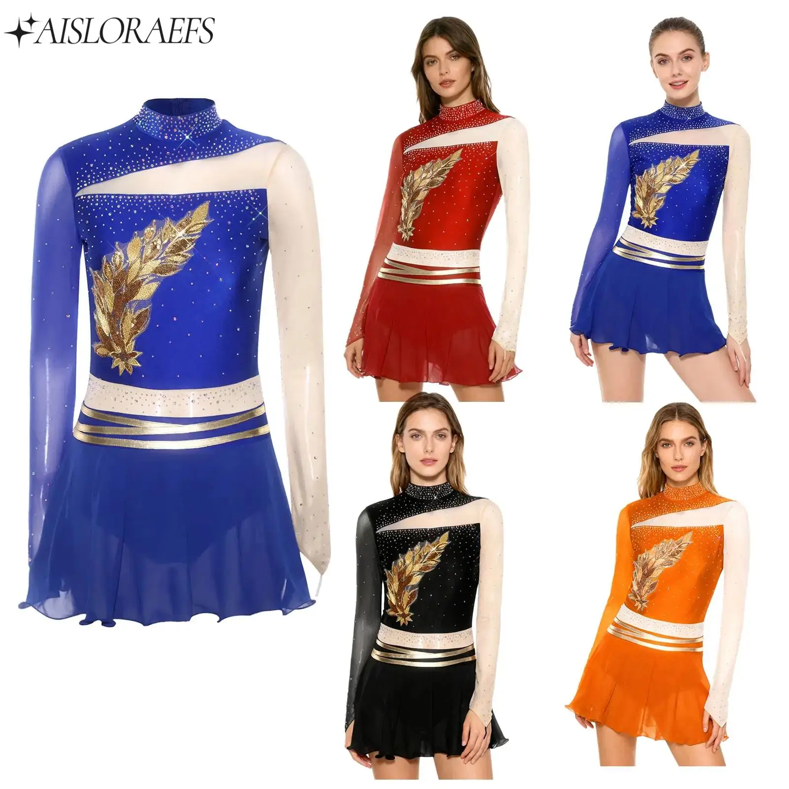 

Womens Figure Skating Leotard Dress Embroidered Rhinestones Long Sleeve Dress Dancewear for Gymnastics Lyrical Dance Performance