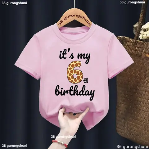 It'S My Birthday,6th Birthday Girls T-Shirt 1-10 Years Old Wild Anima Print Kids Tshirt Cute Girl Pink Shirt Birthday Gift Tops