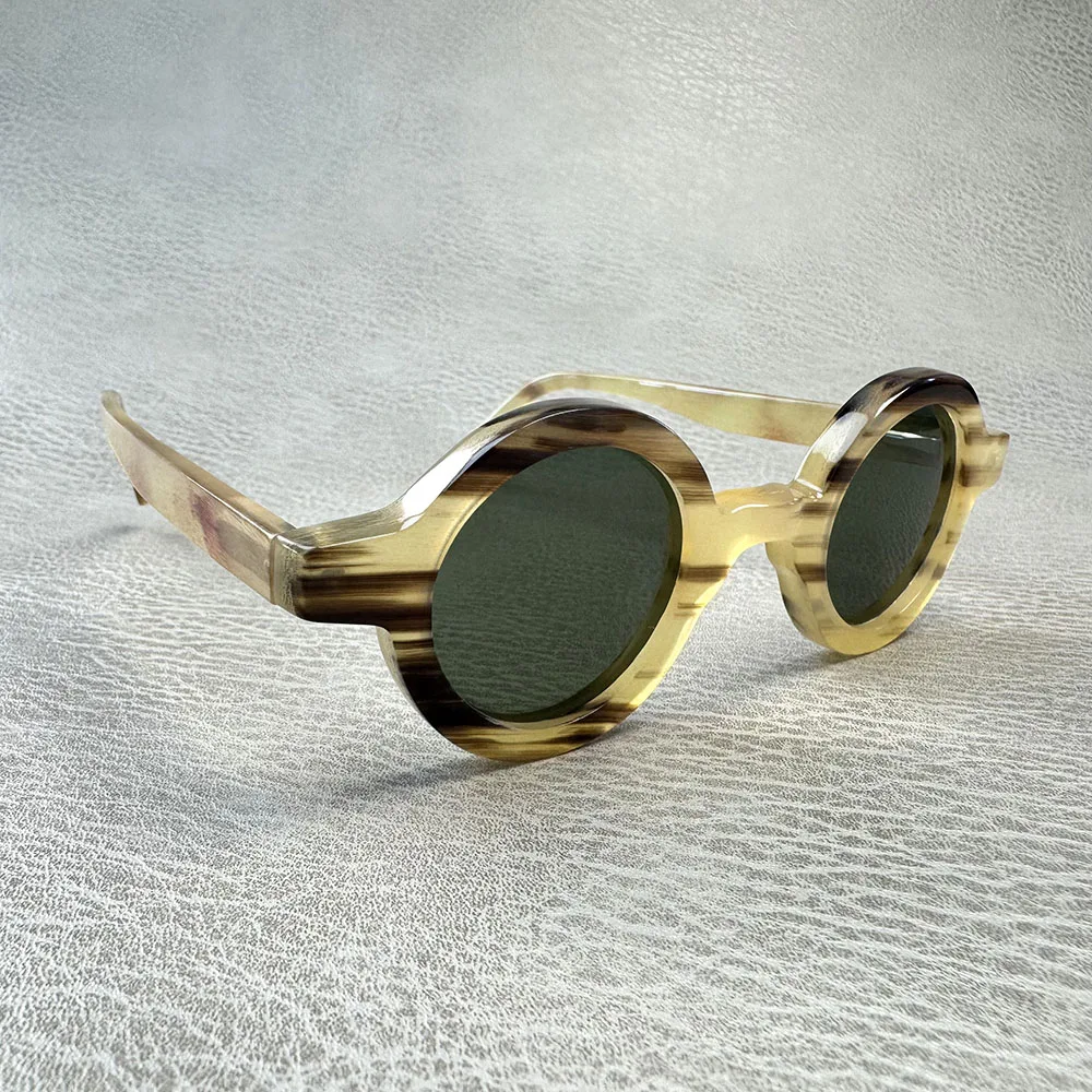 

Women Sunglasses Men Unique Round Fashion Glasses Eyewear Vintage Retro Polarized Handmade Honey Black Horn Man Sunglass
