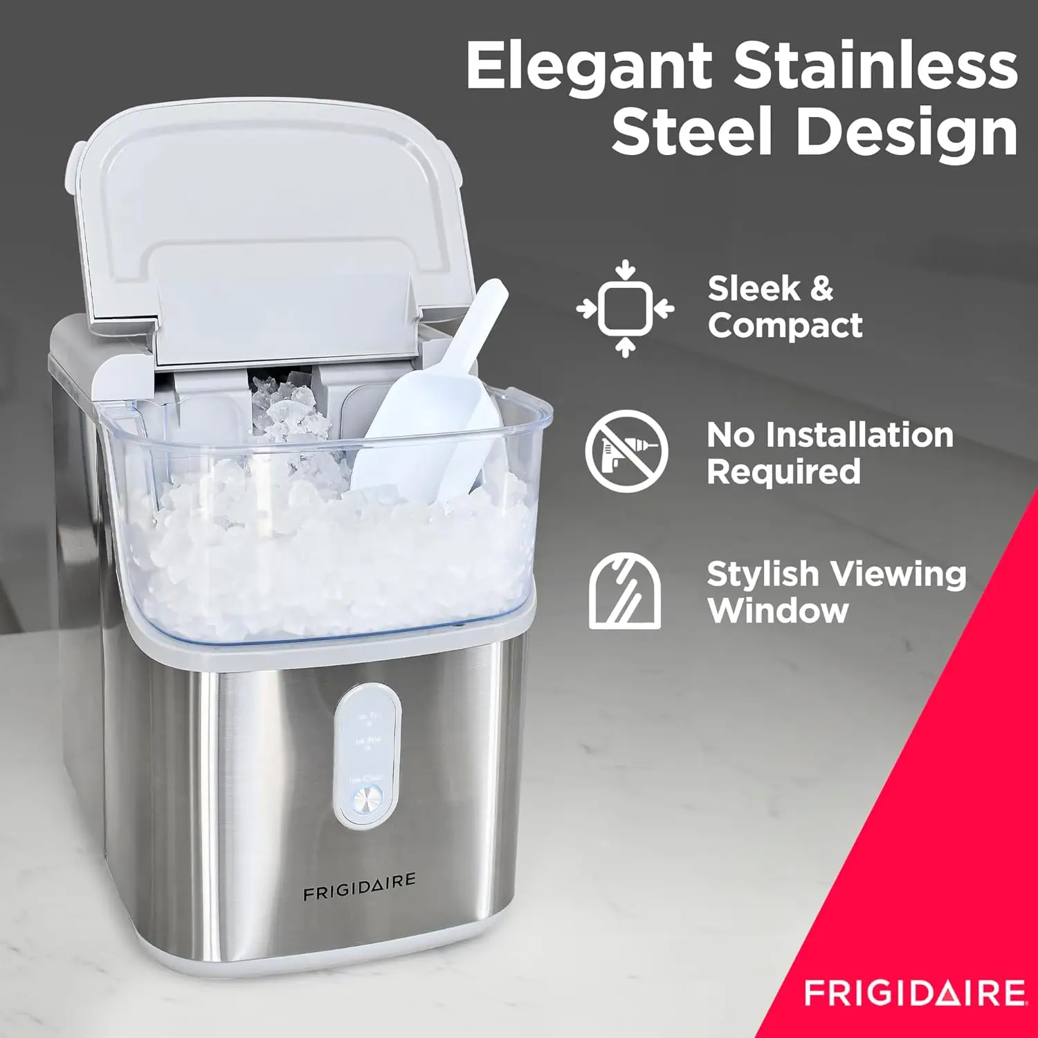 Frigidaire Countertop Crunchy Chewable Nugget Ice Maker, Compact, 33lbs per Day, Metallic Finish