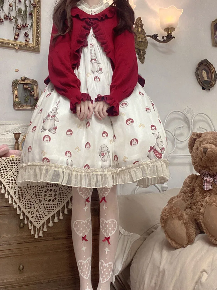 KIMOKOKM Japanese Preppy Style Sweet Lolita Girl Ruffles Single Button Cardigan Vintage Sweetheart Flare Sleeve Knitting Sweater