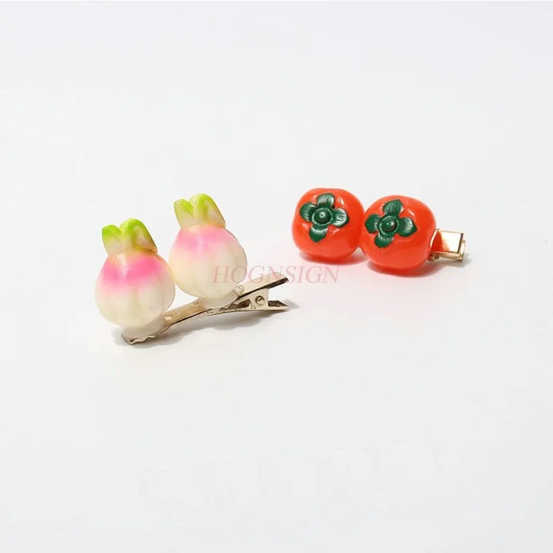 Simulated vegetable, fruit, hair clip, persimmon, garlic, bangs, side clip, top clip