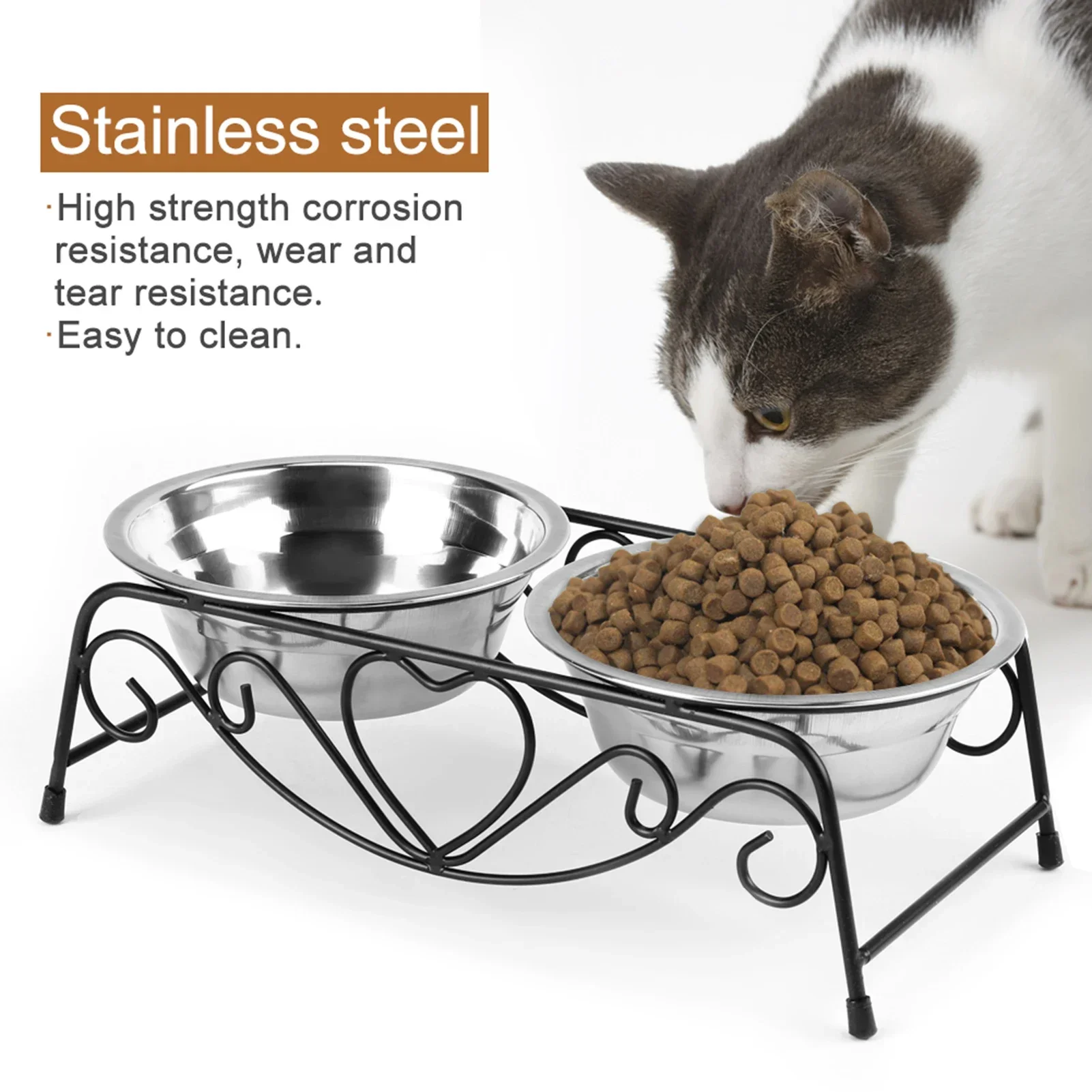 

Pet Dog Cat Feeder Bowl Stainless Steel Double Bowl Cat Dish Bowl for Puppy Elevated Stand for Pet Feeding & Watering Supplies