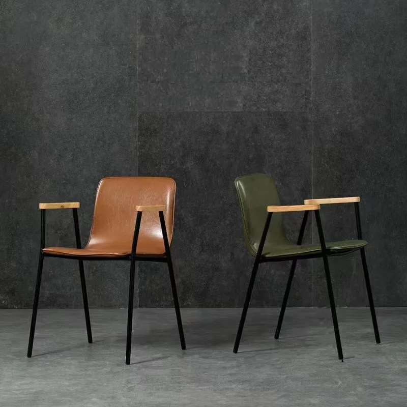 

Simple Backrest Leather Dining Chair Modern Designer Iron Art Office Stool Nordic Retro Industrial Style Coffee Chair