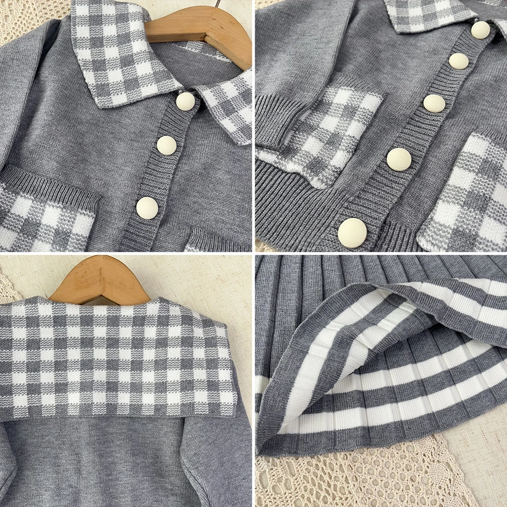 Koreanische Version Süße Niedliche Kinderkleidung Herbst und Winter Pullover-Sets Mädchenbekleidung Langärmliges Kariertes Oberteil + Kurzer Rock – Detail 13
