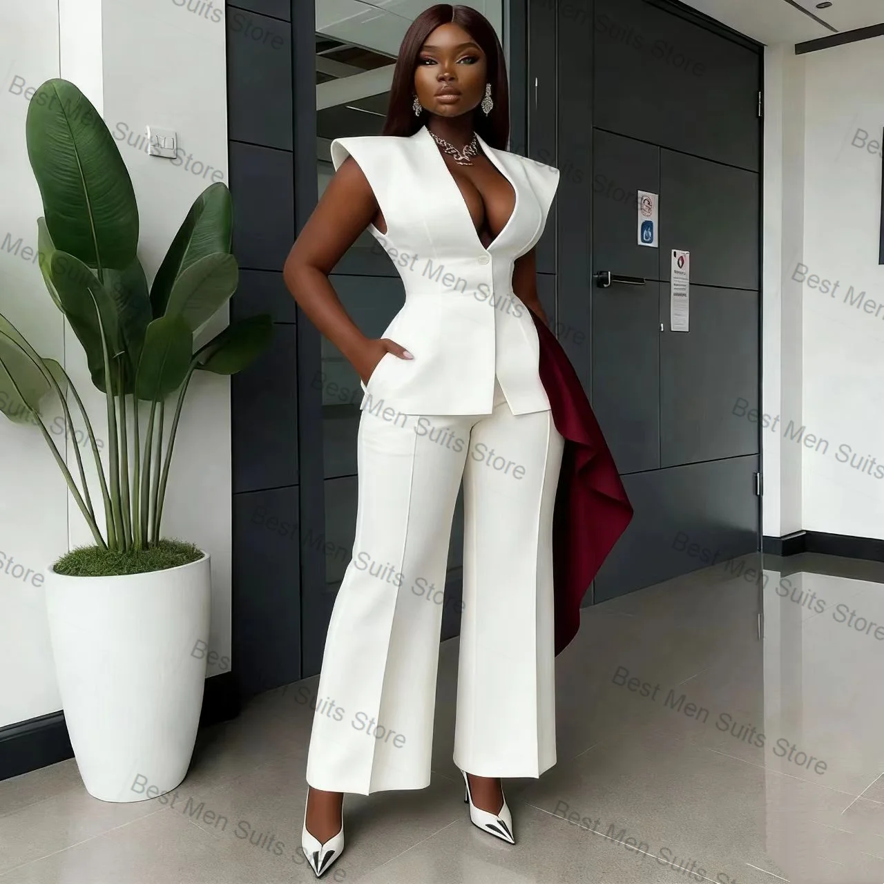 

Белый летний женский костюм-двойка: жилет и брюки с красными полосками, формальный офисный пиджак, индивидуальный свадебный смокинг, безрукавка