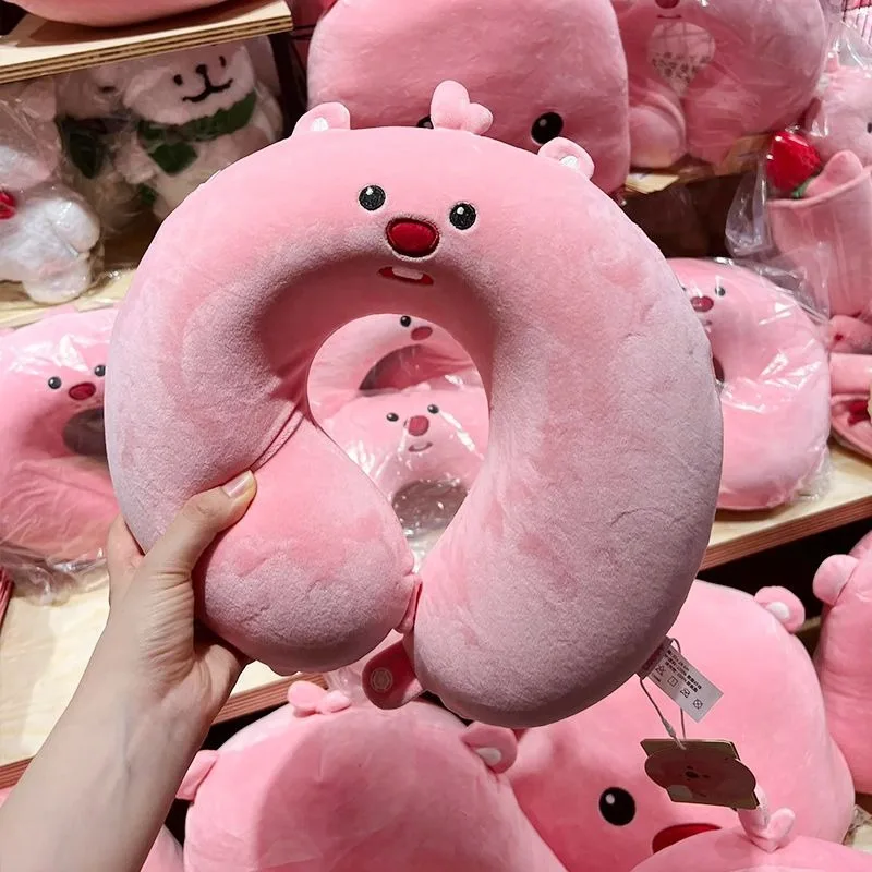 Cute Pink Loopy U-Shaped Pillow Cartoon Beaver Neck Pillow for Travel Car Office Home Soft Support Headrest Cushion