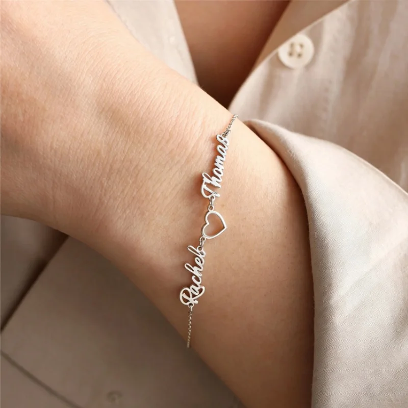 Custom Heart-Shaped Double-Name Bracelet, Stainless Steel