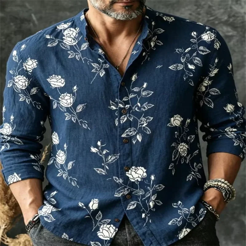 New Artistic Versatile Long Sleeve Shirt White Cotton and Hemp Xianhe Pine Tree New Chinese Daily Men's Top Clothing