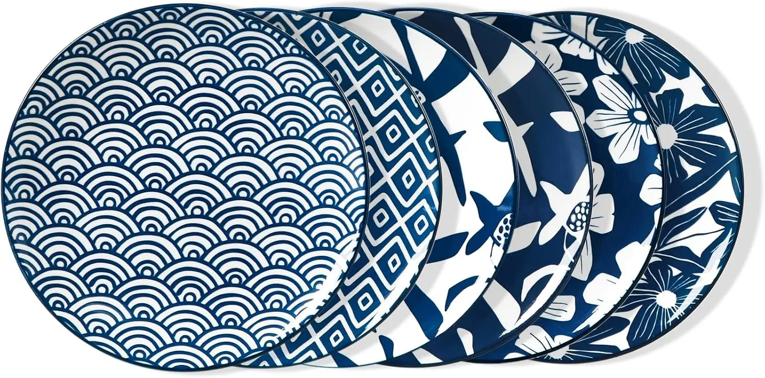 

Набор из 6 керамических тарелок для салата, 8,5-дюймовые обеденные тарелки — небольшие фарфоровые тарелки для макарон, которые можно мыть в посудомоечной машине — художественные