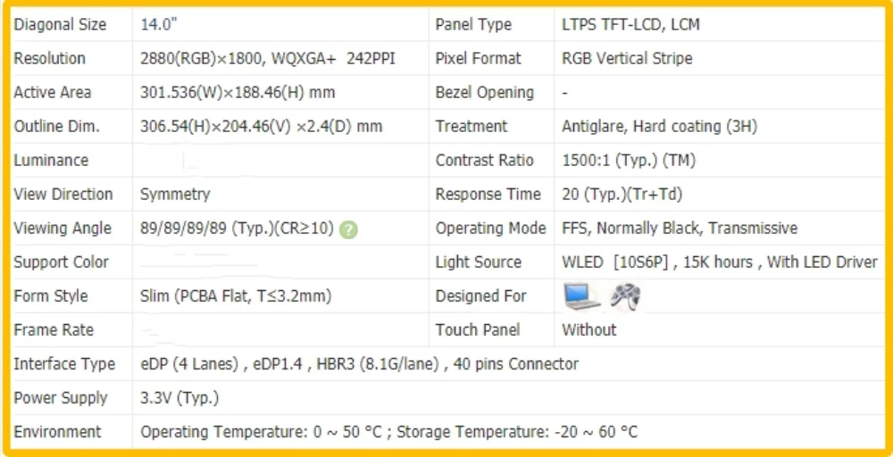 MNE007ZA1-5 QHD 2880x1800 14.0 inch Laptop Display LCD Screen IPS No-touch Panel EDP 40pins